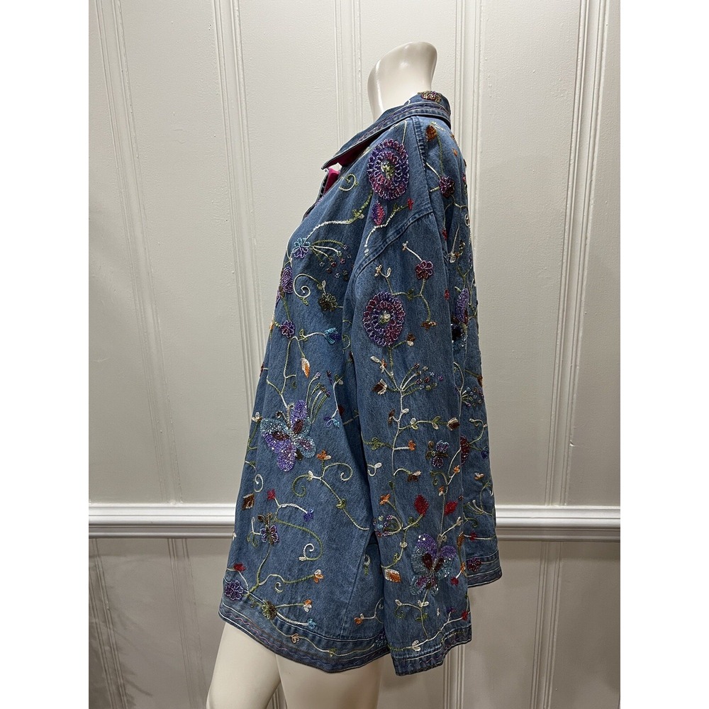 QUACKER FACTORY  Cotton Beaded Denim Jean Jacket Butterflies Embroidered Size 1X - Picture 4 of 16